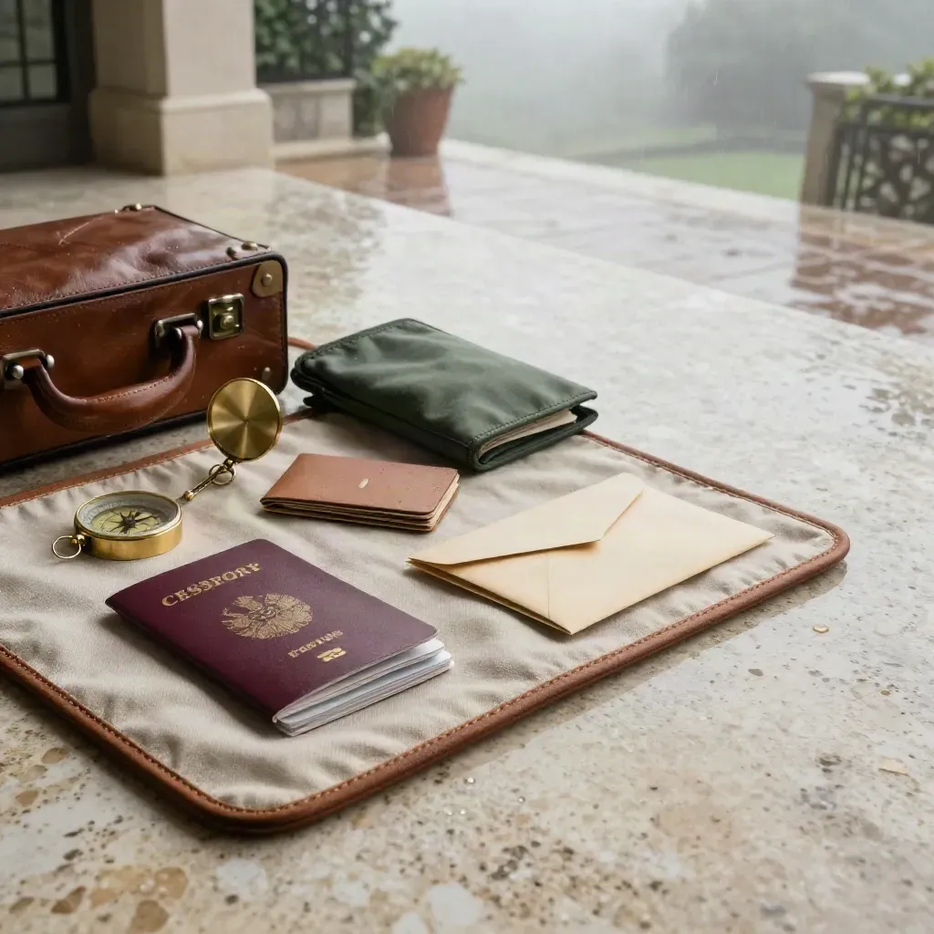 Rain-wet travel folio, passport sleeves, compass, hotel keys and carry-on on travertine at dawn.