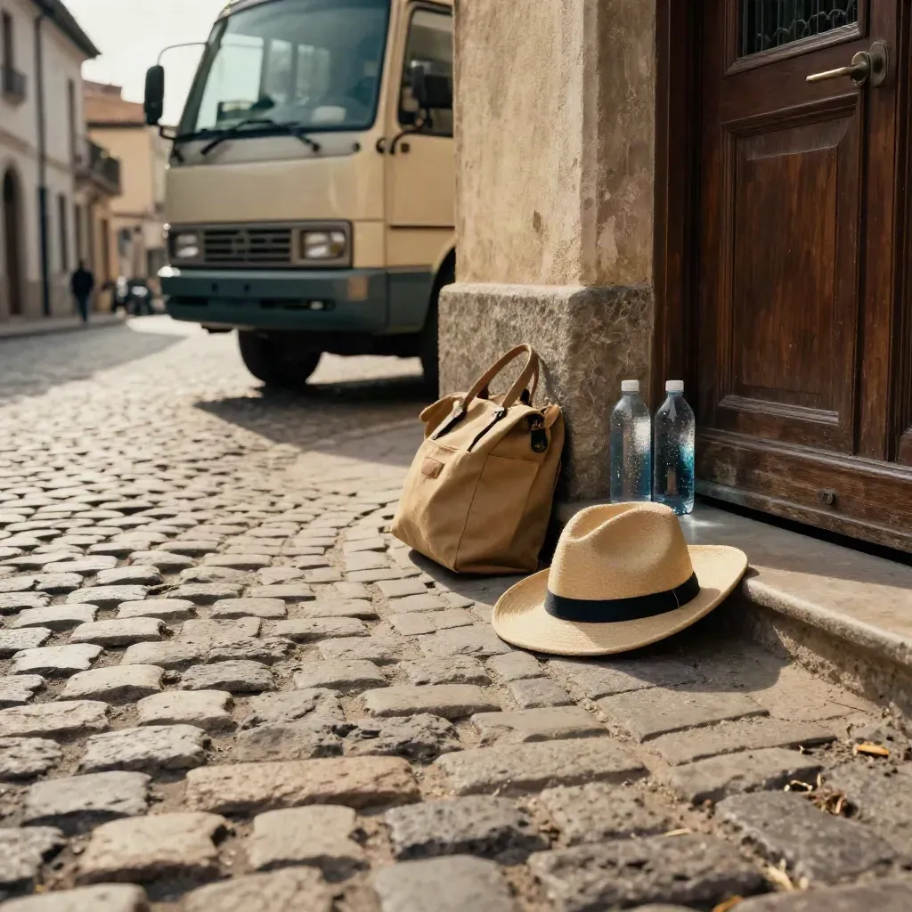 Low street-level view of an old-town lane with a waiting minibus, sun hat, and water by a doorway.