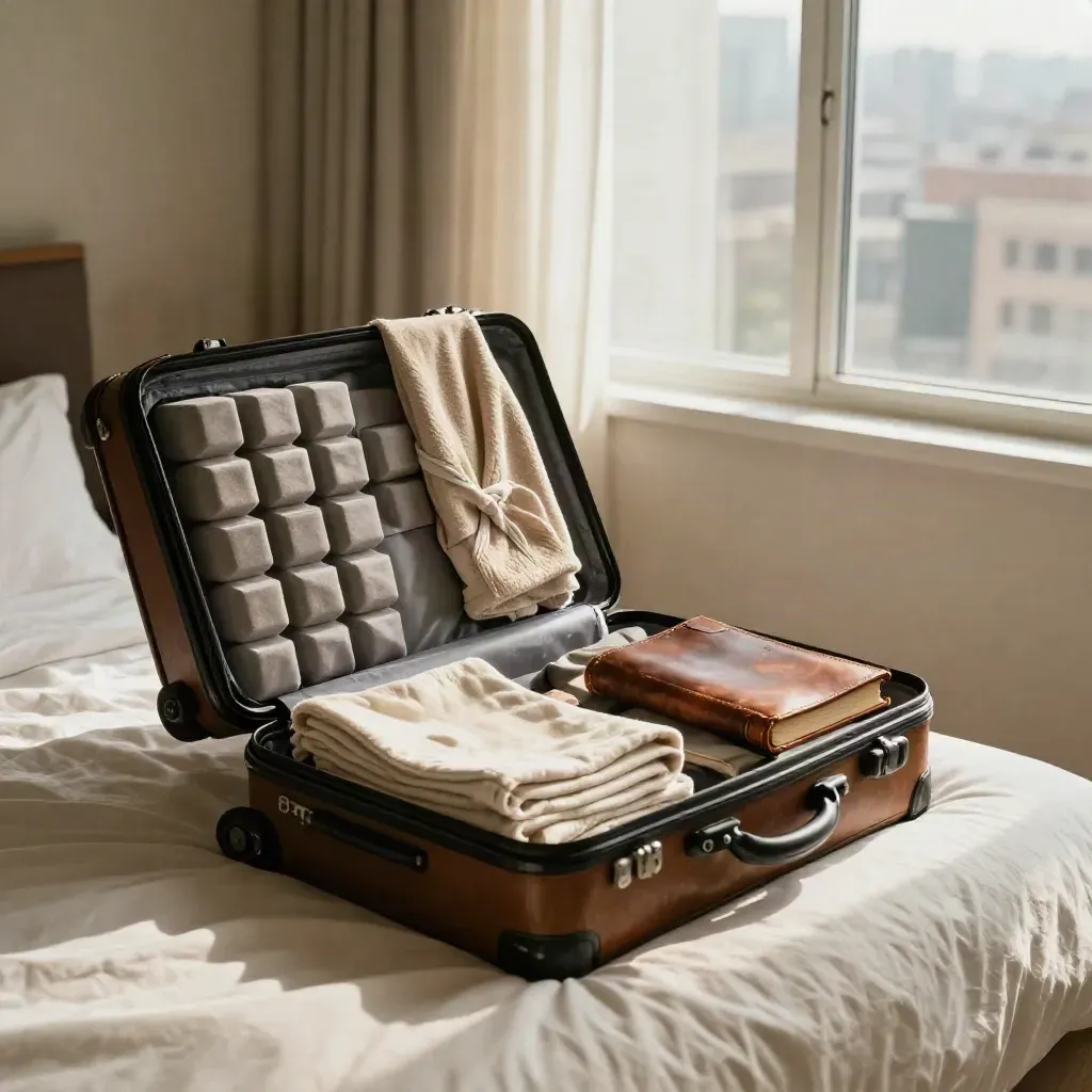 Open suitcase with packing cubes, robe, journal and tote in a sunlit hotel suite corner