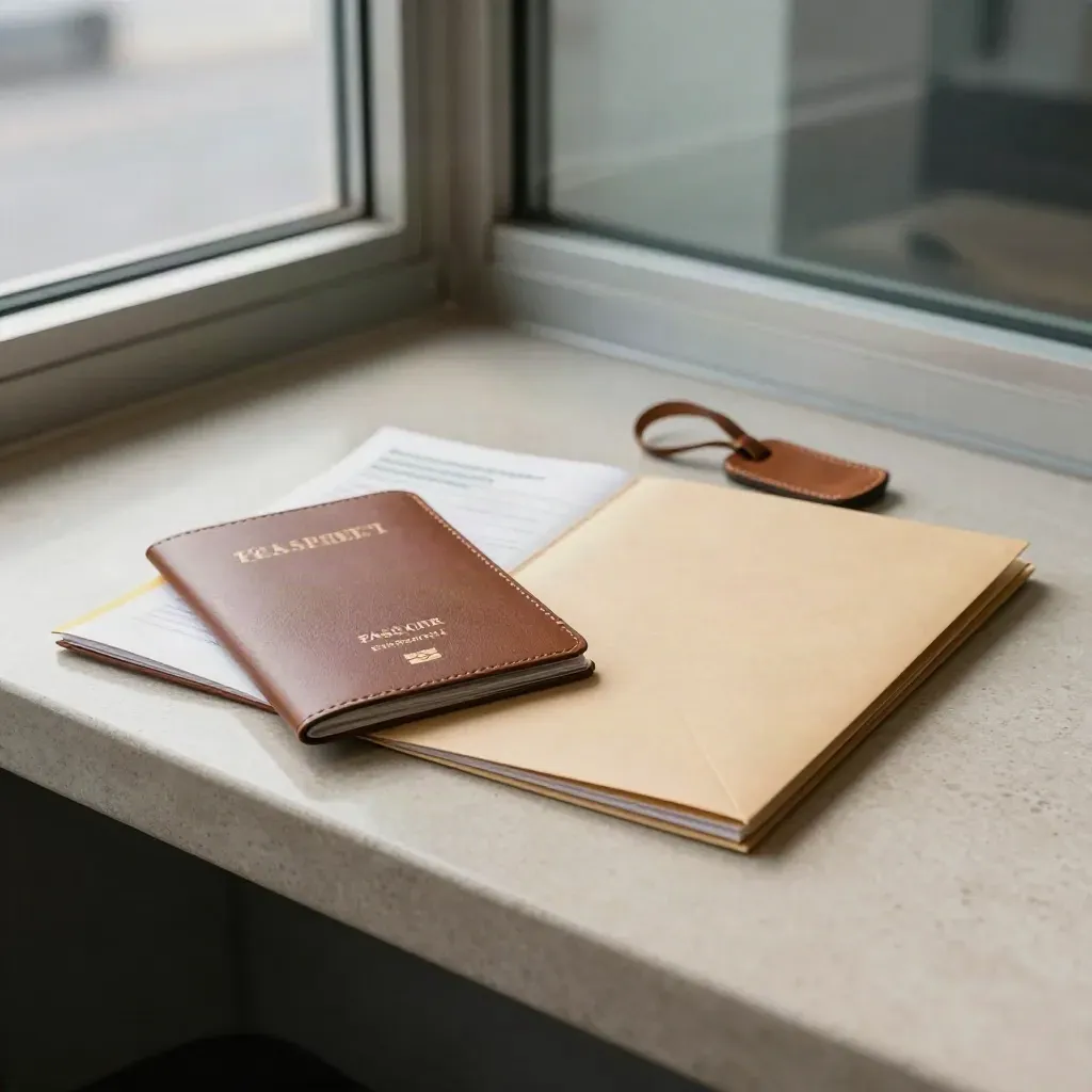 Visa travel documents and luggage tag arranged on a stone counter in cool window light.