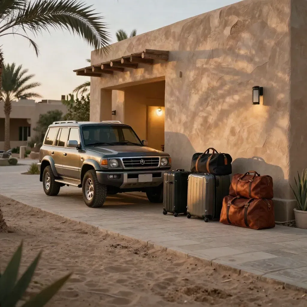 Desert resort SUV arrival with stacked luggage beside a glowing villa path