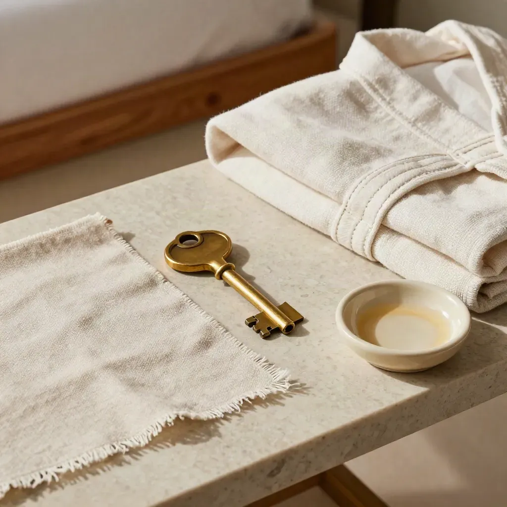 Linen swatch, brass room key, robe belt and ceramic dish on pale travertine.