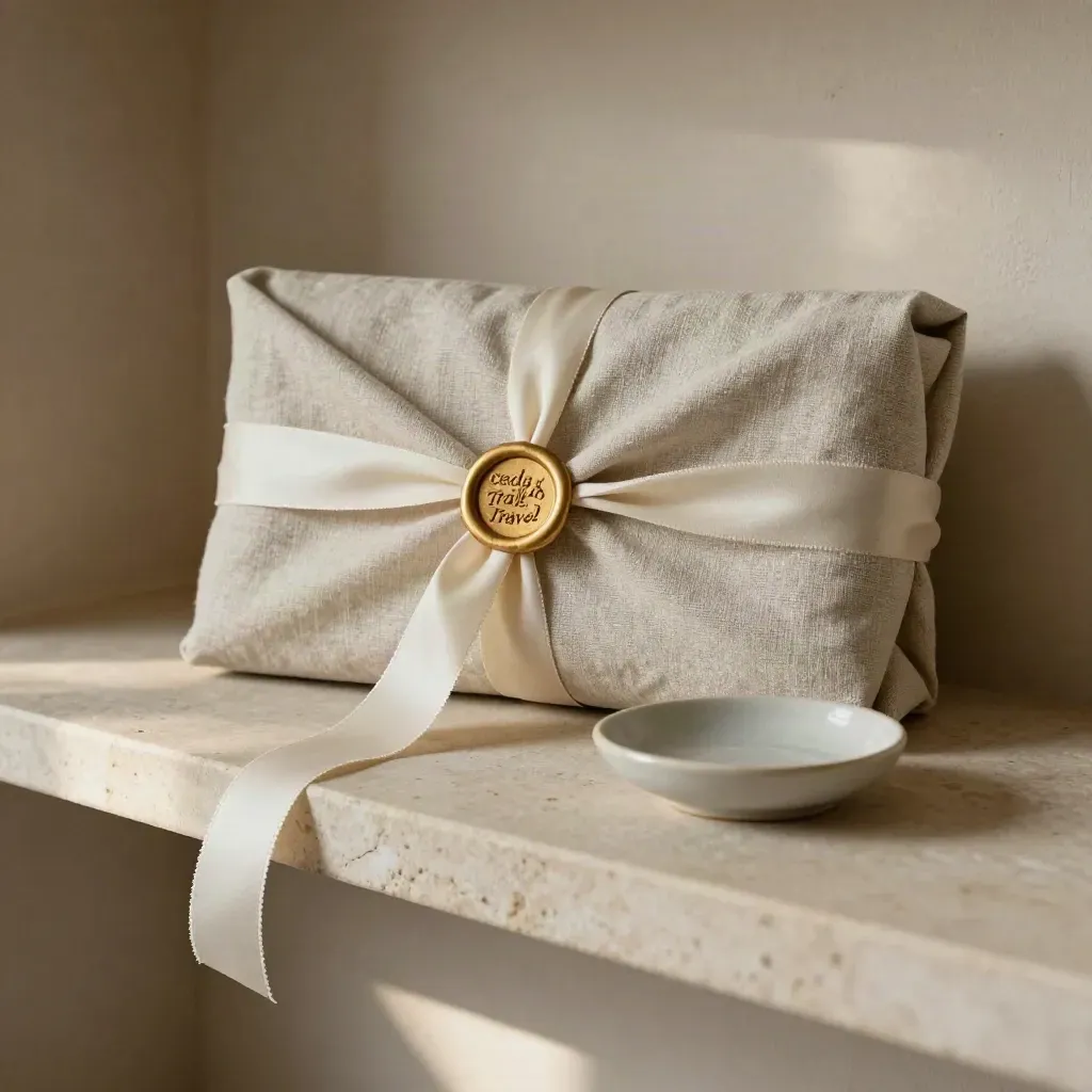 Wax-sealed travel folder with tied ribbon and ceramic dish on a limestone shelf